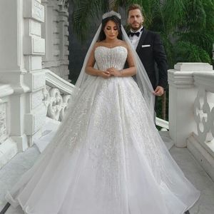 2021 Pailletten A-Linie Brautkleider Plus Size Dubai Vintage Brautkleider Korsett Rücken nach Maß Sweep Zug Robes de Mari￩e