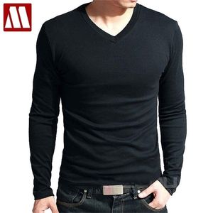 Sıkı Boyun Tişörtleri toptan satış-2022 Bahar Yüksek Elastik Pamuk T Shirt Erkek V Boyun Sıkı T Gömlek erkek Uzun Kollu Spor Tişört Asya Boyutu S XL