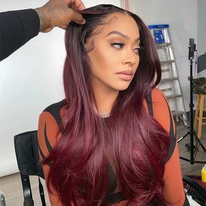 1B99j Burgundy Body Wave Lace Front Wig Natural Hairline Colored Human Hair Wigs For Women Humans Hairs Wigs