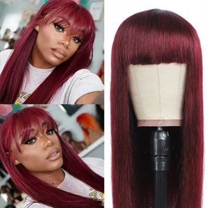 Nenhuma peruca regular de renda 99J / Borgonha brasileira hetereia hetero humano máquina completa feita peruca com franja Remy wigs de cabelo para mulheres negras