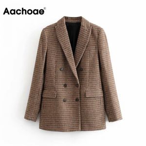 AA ACHOAE старинные повседневные клетки Blazer женщины мода двойной грудью офис женская куртка пальто, зубчатый воротник с длинным рукавом костюмы 201023