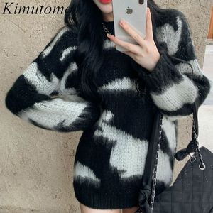 Kimutomo 여자 스웨터 빈티지 홍콩 스타일 여성 느슨한 두꺼운 O 넥 세련된 니트 풀오버 outwear 가을 겨울 210203