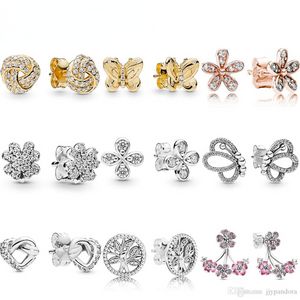 Brand fit pandora 100% 925 Sterling Silver Four Petals Decorative Butterfly Silhouette Clover Love Knot Tree of Life Knotted Hearts Long Peach Earrings