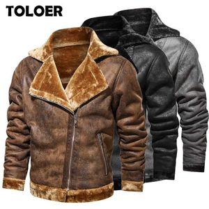 Fliegerjacke Männer Pelzkragen PU-Lederjacke Männer Schwarz Braun Vintage Mantel Männlich Winter Verdicken Warme Fleece Bomberjacke Parkas 211228