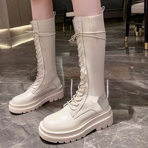 Boots 2021 Women Knee-High Women's Fashion Shoes Woman Leather Lace Up Ladies Chunky Heels Female Punk Rome Footwear R14-581