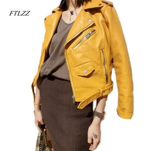 Ftlzz zipper pu jaqueta de couro curto casacos de moto rosa com cinto clássico primavera básica Mulheres Faux Leather Outwear 201029