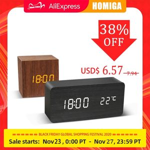 Despertador LED Wooden Watch Table Controle de voz Digital Wood desesperador USB / AAA Powered Electronic Desktop Clocks 201222