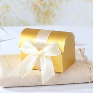 Party Favor Wholesale-- Gold Treasure Chest Pudełka na cukierki ze wstążką na przysługi 12szt1