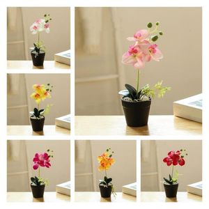 Wholesale easy potted flowers resale online - Decorative Flowers Wreaths Simulation Bonsai Easy Care Heads Romantic Potted Faux Silk Orchid Flower Diy Pompom Artificial Butterfly