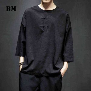 중국 스타일 플러스 사이즈 캐주얼 티셔츠 여름 바닥 셔츠 하라주쿠 대형 탑스 남성 의류 2021 당나라 짧은 소매 G1229