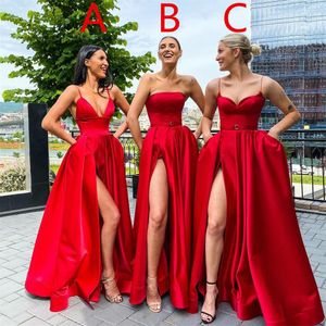 Bir Çizgi Kırmızı Gelinlik Modelleri 2020 Kat Uzunluk Yan Yarık Düğün Konuk Elbise Saten Ucuz Nedime Abiye