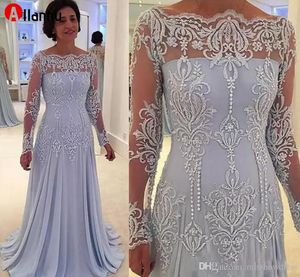 NEW! 2022 Elegant Scoop A-Line Chiffon Mothers Dresses Pearls Beads Lace Appliques Illusion Long Sleeves Mother of The Bride Dresses Evening Gown Xu