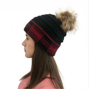 Women Pompom Knitted Cap Woolen Plaid Beanie Winter Warm Hats Fashion Grid Thick Outdoor Ski Cap DDA701