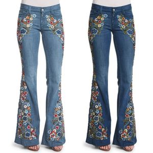 Frauen Mom Flare Jeans Vintage Stickerei Blumendruck Knopf Taille Bell-Bottom Denim Hosen Frauen Casual Boyfriend-Jeans 201012