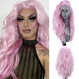 밝은 핑크 가발 긴 물 위에 물결 모양의 합성 레이스 프론트 가발 자연 가발 여성을위한 고온 섬유 머리카락