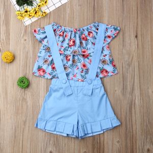 2PCS Toddler Baby Girl 1-6Y Clothes Sets Flower Off-Shoulder Tops+Bib Shorts Outfit Casual Clothes