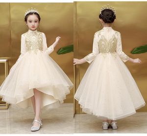 2021 Bling Stars Tulle Girls First Holy Communion Sukienki Wysokie Niski Z Długim Rękawem High Collar Złota Koronki Kwiat Dziewczyna Dress Party Dress Teen