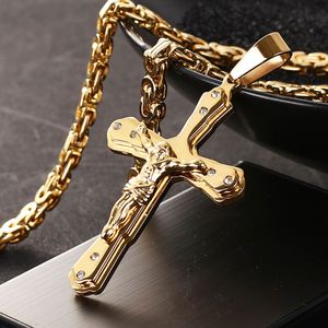 316L Stainless Steel Men Hip Hop Jewlery Byzantine Box Link Chain Necklace Cross Jesus Pendants 18K Gold Plated Diamond Punk Accessories