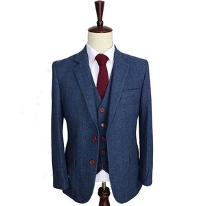 Lana Blu Blue Herringbone Retro Gentleman Style Abiti da uomo su misura Abiti su misura Suit Blazer Suits per uomo 3 pezzo (giacca + pantaloni + giubbotto) 201123