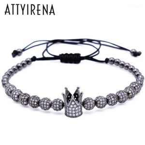 Charm Armband Attyirena Zircon Men smycken kubisk mikrobanva CZ Crown charm4mm guld runda pärlor flätade macrame armband1