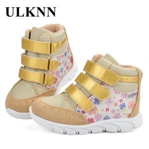 Ulknn skor för flickor skola äkta läder blomma mönster som kör tenis infantil menina guld 2020 barn sneakers barn lj201027