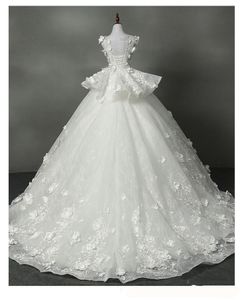Luxuosos apliques vestidos de noiva pura pescoço jóia vestidos nupciais flor lace up chão comprimento robe elegante de mariée feito sob encomenda