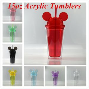 15oz Acrylic Tumblers Mouse Acrylic Travel Cup with straws Juice Wine Glass Kids Baby Cartoon Cute Plastic Tumbler