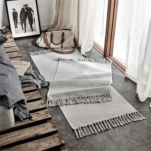 Nordic Rug Gray Cotton Tassel Woven Carpet Bedroom Bedside Mat Hand Knotted Living Room Scandinavia 220301