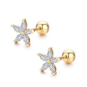 7Colors Cute Five Petals CZ Kamienie Kwiat Śruba Powrót Stadniny Kolczyki Dla Kobiet Dziecko Dzieci Dziewczyny Gold Color Piercing Biżuteria Aros1