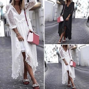 White Lace Dress 2022 Women Sundress Summer Dress Sexy Robe V-Neck Dot Hollow Asymmetrical Hem Beach Vestidos