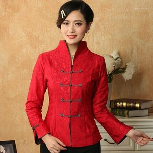 Kadın Ceketler Toptan-Kırmızı kadın Keten Pamuk Ceket Çin Geleneksel Tang Takım Mandarin Yaka Uzun Kollu Ceket Boyut S M L XL