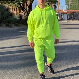 Neon Yeşil Stil erkek Moda Eşofman Katı 2 Parça Uzun Kollu Hoody + Gevşek Küvet Rahat Sportsuit Erkekler Est OMSJ 211230