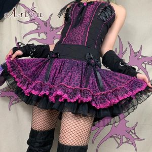 Harajuku Black Mesh Tutu Skirt Women Punk Gonne a pieghe larghe a vita alta Ladies Dark Academia Y2K Leopard Print SK52088