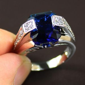 Mais vendido transporte da gota jóias de luxo 925 prata esterlina corte princesa azul safira cz diamante pedras preciosas homens masculinos anel de casamento presente