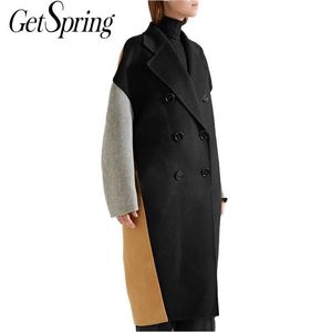 Getspring Women Coat Wool Coats Patchwork Color Matchin Winter Woolen Jacket Plus Size Long Woman Jackets 201102