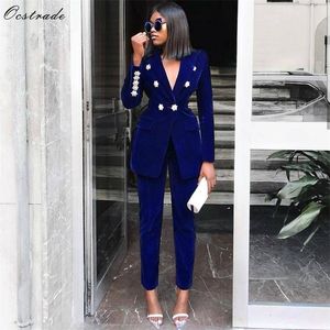 Ocstrade Summer Sets for Women Navy Blue V Neck Long Sleeve Sexy 2 Piece Outfits High Quality Two Suit 220312