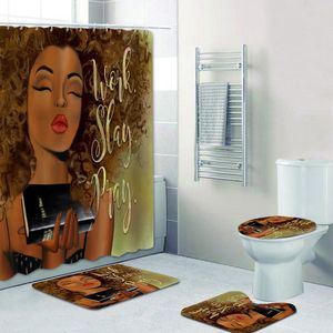 African American Shower Curtain Set Black Girl Work Slay Bab Bathroom Curtain Bad Mat Rug Matta Toalett Inspiration Heminredning LJ201130