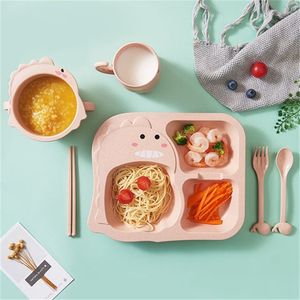 Baby Dinosaur Tableware 6 Piece Set Kids Dinner Plate Food Grade Fork Cup Food Supplement Drop-resistant Children Feeding Dishes LJ201221