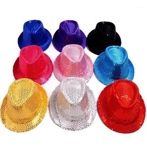 Wide Brim hattar Vuxen och barn Unisex Brilliant Glitter Sequins Hat Dance Fedora Kid Cap Solid Jazz Party Costum 2Size1