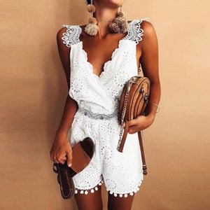 Белый комбинезон элегантный для женщин без рукавов V-образным вырезом кружева вышивка вскользь Boho Paysuit Party Tappsuit # XB35 T200704