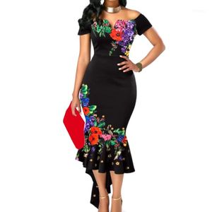 Casual Dresses Women Dress Bodycon Summer Cocktail Fashion Party Off Shoulder Slim Elegant Ladies Sexy Floral Fishtail Short Sleeve1