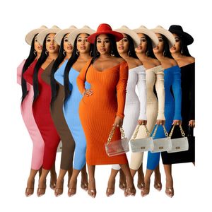 Fall Winter Knitted Ribbed Dresses Women Long Sleeve V Neck Bodycon dress Autumn Midi Skirts Hip package skirt Solid Party Club Wear Wholesale 5750