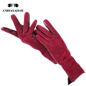 Moda kış sıcak dokunmatik eldivenler orijinal deri% 50 süet kadın rengi uzun -2008 201104