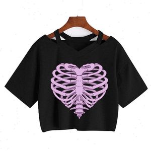 Sommar rosa hjärta T-shirts Blomman Print Kvinnor T-shirt Punk Gothic Crop Tops Casual V-Hals Sexig Top Short Sleeve Loose