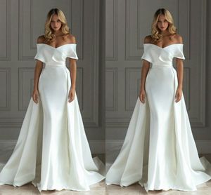 Новое поступление дешевые простые элегантные плюс размер свадебные платья русалки с открытыми плечами развертки шлейф Bridl платья свадебное платье Vestido De Noiva
