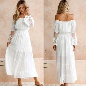 WildPinky Summer Sundress Women White Beach Dress Strapless Long Sleeve Loose Sexy Off Shoulder Lace Boho Chiffon Maxi Dress Y0118
