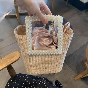 Мода жемчуг ротанга женские сумки дизайн марки плетеные тканые сумки роскошные цепи летние пляжные соломенные ведра мешок путешествия