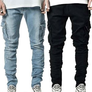 Mężczyźni Solidna Chude Kieszenie Denim Cargo Combat Spodnie Cajts Slim Fit Fit Spodnie Dna Moda Męskie Dorywczo Outwear Jeans 220311