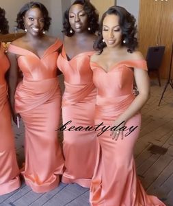 2021 Coral Bridesmaid Dresses Africa Mermaid Off Shoulder Wedding Party Guest Dresses Maid of Honor Dress Cheap Satin Long Draped