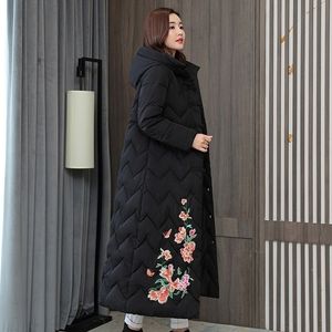 中国風の女性の冬のジャケット X ロングフード付き刺繍女性パーカープラスサイズスタンドカラーシングルブレスト厚いコート 201125